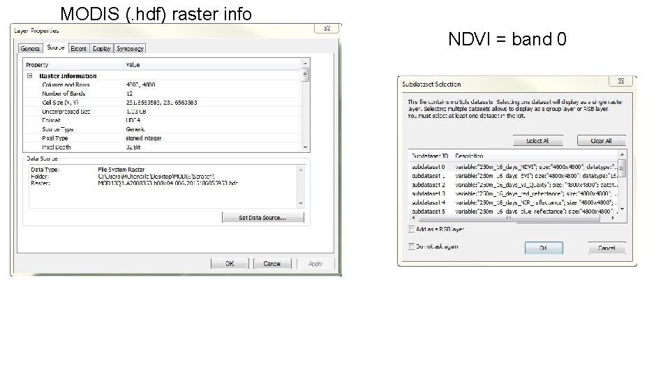 MODIS (. hdf) raster info NDVI = band 0 