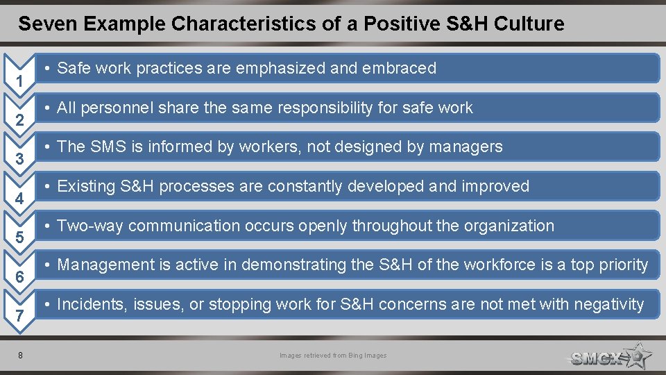 Seven Example Characteristics of a Positive S&H Culture 1 2 3 4 5 6