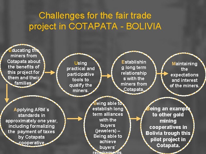 Challenges for the fair trade project in COTAPATA - BOLIVIA Educating the miners from