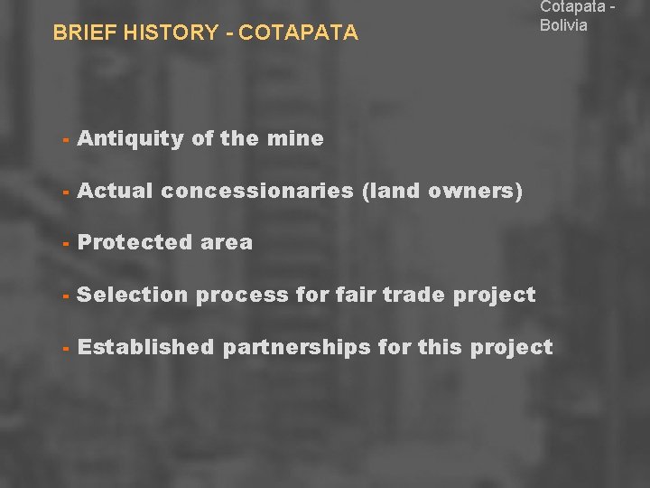 BRIEF HISTORY - COTAPATA Cotapata Bolivia - Antiquity of the mine - Actual concessionaries