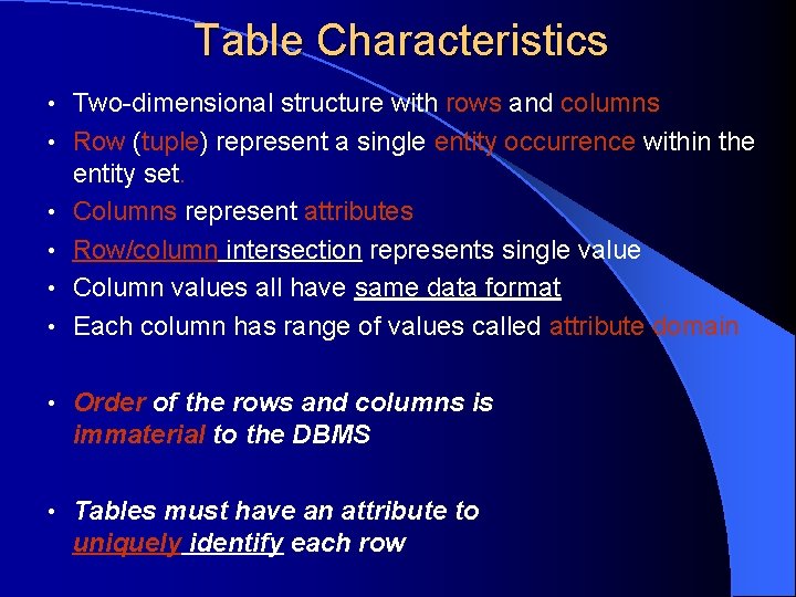 Table Characteristics • Two-dimensional structure with rows and columns • Row (tuple) represent a