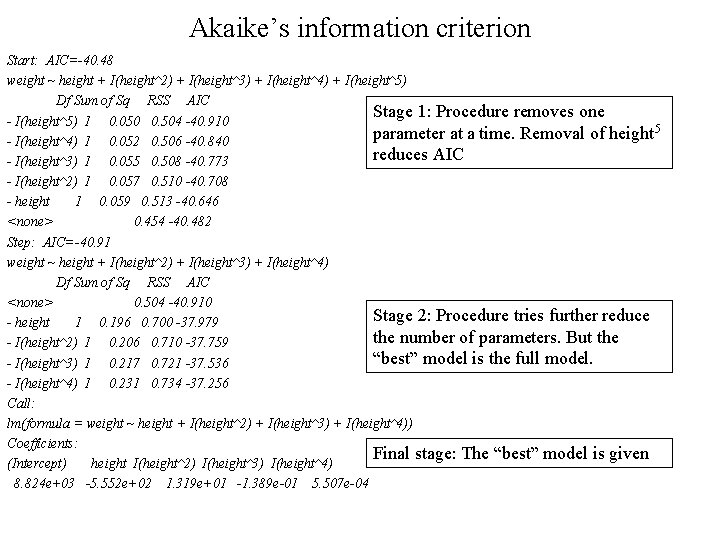 Akaike’s information criterion Start: AIC=-40. 48 weight ~ height + I(height^2) + I(height^3) + Akaike’s information criterion Start: AIC=-40. 48 weight ~ height + I(height^2) + I(height^3) +