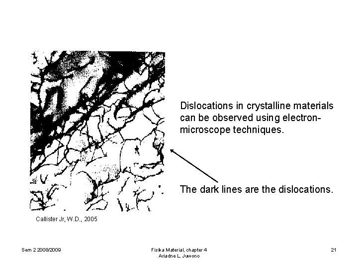 Dislocations in crystalline materials can be observed using electronmicroscope techniques. The dark lines are