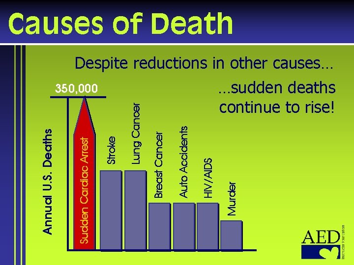 350, 000 Murder HIV/AIDS Auto Accidents Breast Cancer Lung Cancer Stroke Sudden Cardiac Arrest