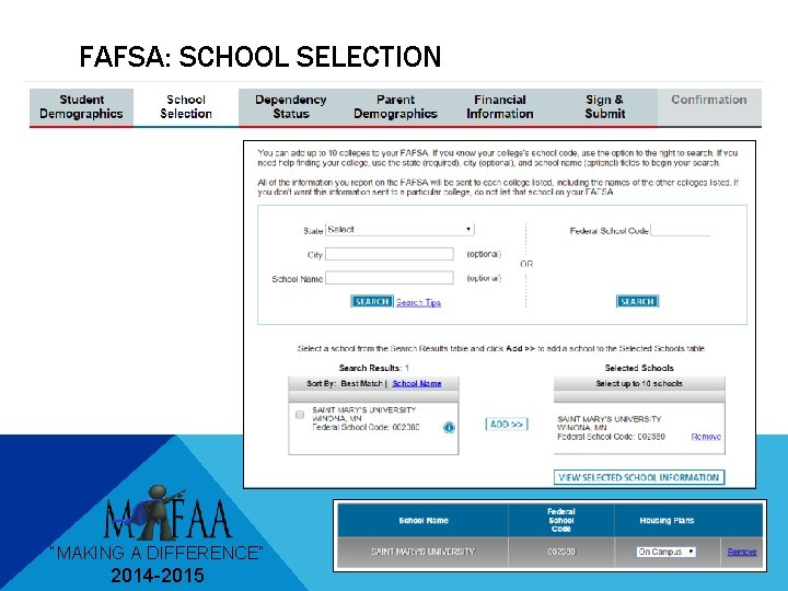 FAFSA: SCHOOL SELECTION “MAKING A DIFFERENCE” 2014 -2015 