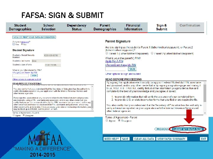 FAFSA: SIGN & SUBMIT “MAKING A DIFFERENCE” 2014 -2015 