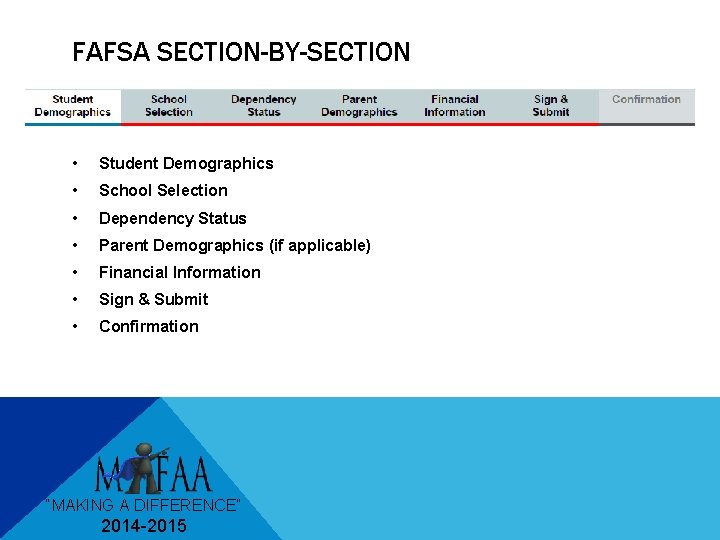 FAFSA SECTION-BY-SECTION • Student Demographics • School Selection • Dependency Status • Parent Demographics