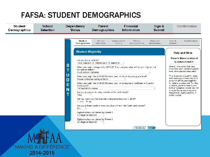 FAFSA: STUDENT DEMOGRAPHICS “MAKING A DIFFERENCE” 2014 -2015 