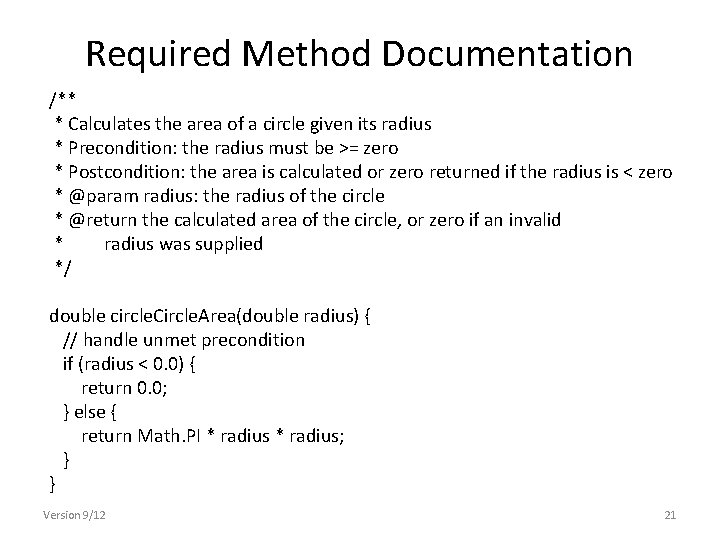 Required Method Documentation /** * Calculates the area of a circle given its radius