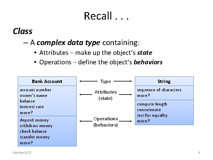 Recall. . . Class – A complex data type containing: • Attributes – make