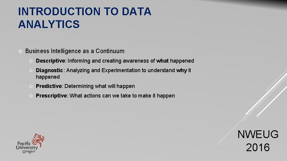 INTRODUCTION TO DATA ANALYTICS Business Intelligence as a Continuum Descriptive: Informing and creating awareness INTRODUCTION TO DATA ANALYTICS Business Intelligence as a Continuum Descriptive: Informing and creating awareness