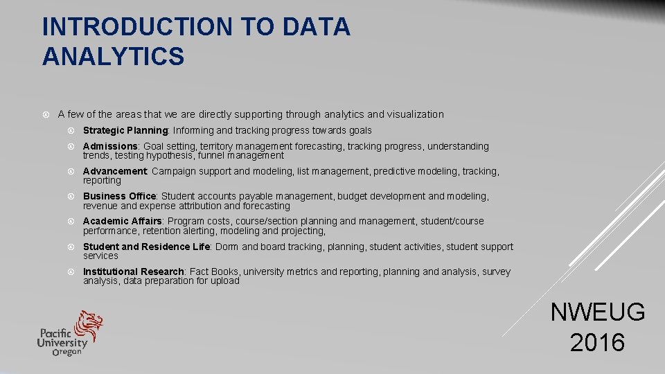 INTRODUCTION TO DATA ANALYTICS A few of the areas that we are directly supporting INTRODUCTION TO DATA ANALYTICS A few of the areas that we are directly supporting