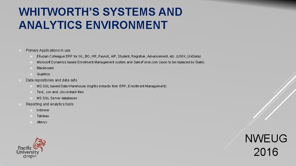 WHITWORTH’S SYSTEMS AND ANALYTICS ENVIRONMENT Primary Applications in use Ellucian Colleague ERP for GL, WHITWORTH’S SYSTEMS AND ANALYTICS ENVIRONMENT Primary Applications in use Ellucian Colleague ERP for GL,