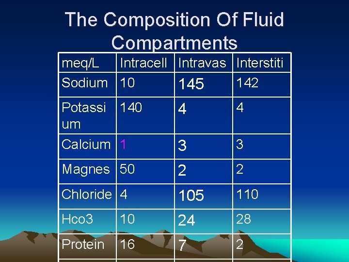 The Composition Of Fluid Compartments meq/L Intracell Intravas Interstiti Sodium 10 142 145 Potassi