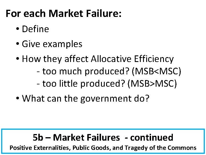 For each Market Failure: • Define • Give examples • How they affect Allocative