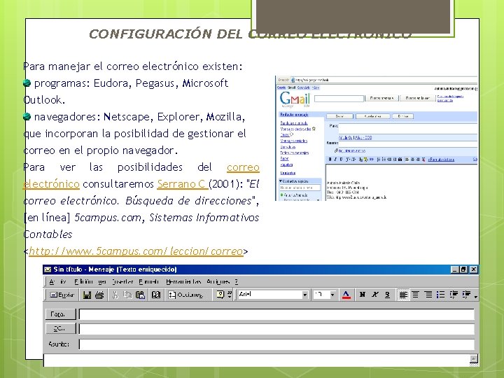 CONFIGURACIÓN DEL CORREO ELECTRÓNICO Para manejar el correo electrónico existen: programas: Eudora, Pegasus, Microsoft