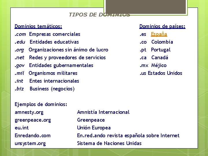 TIPOS DE DOMINIOS Dominios temáticos: Dominios de países: . com Empresas comerciales. edu Entidades