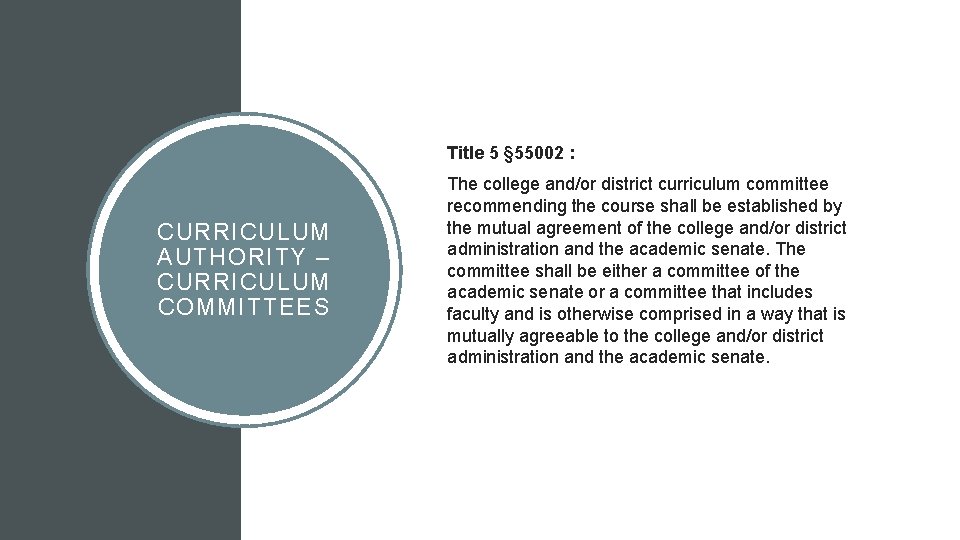 Title 5 § 55002 : CURRICULUM AUTHORITY – CURRICULUM COMMITTEES The college and/or district