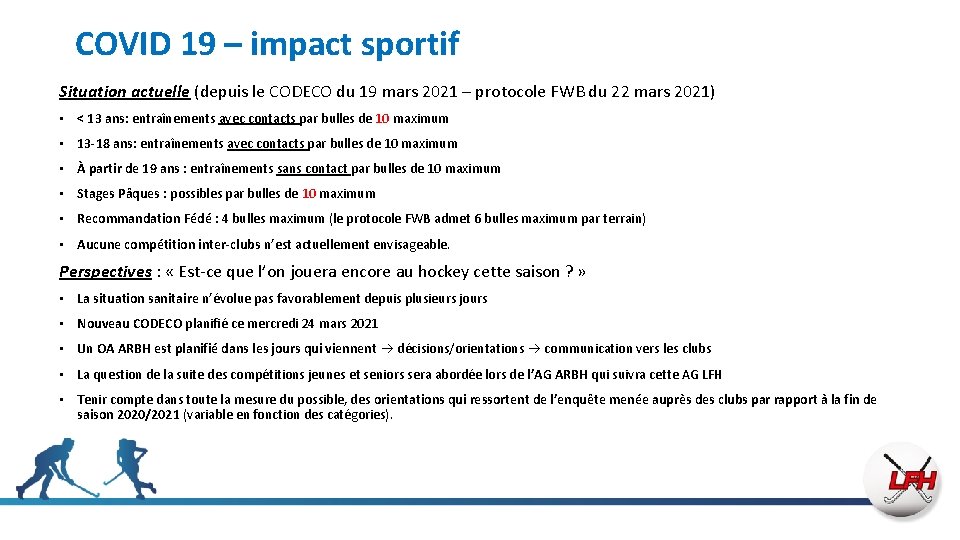COVID 19 – impact sportif Situation actuelle (depuis le CODECO du 19 mars 2021