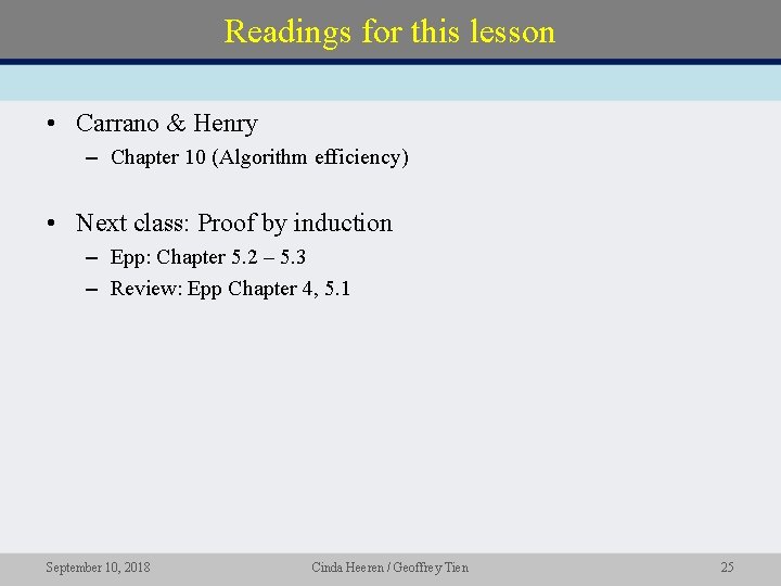 Readings for this lesson • Carrano & Henry – Chapter 10 (Algorithm efficiency) • Readings for this lesson • Carrano & Henry – Chapter 10 (Algorithm efficiency) •