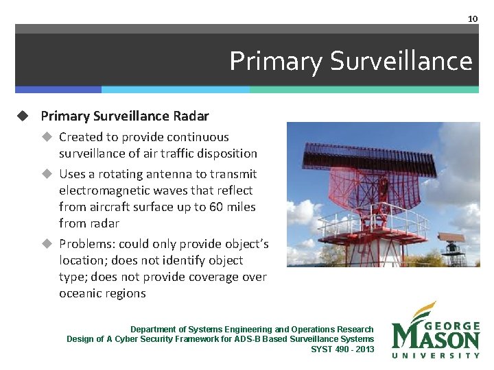 10 Primary Surveillance u Primary Surveillance Radar u Created to provide continuous surveillance of
