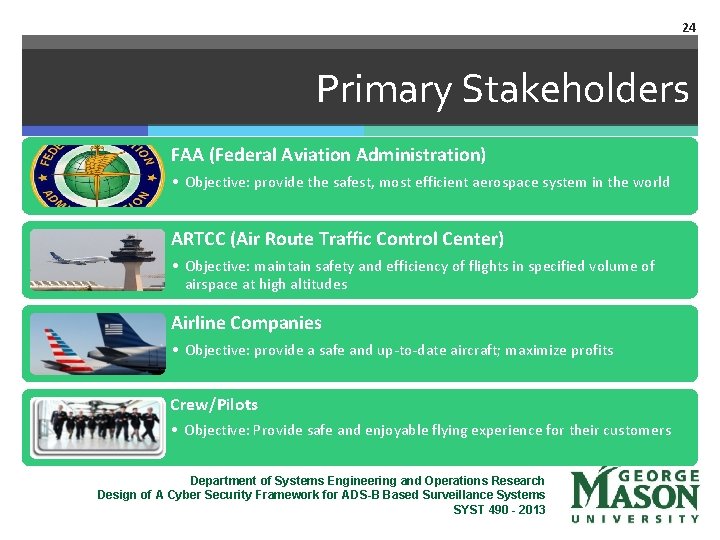 24 Primary Stakeholders FAA (Federal Aviation Administration) • Objective: provide the safest, most efficient