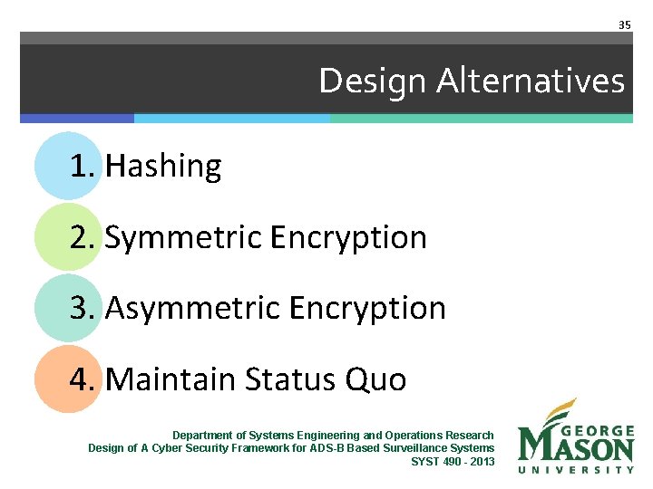 35 Design Alternatives 1. Hashing 2. Symmetric Encryption 3. Asymmetric Encryption 4. Maintain Status