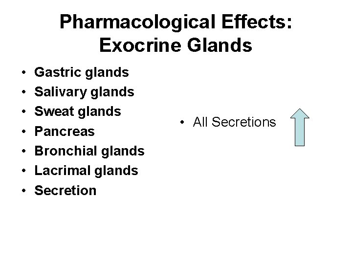 Pharmacological Effects: Exocrine Glands • • Gastric glands Salivary glands Sweat glands Pancreas Bronchial