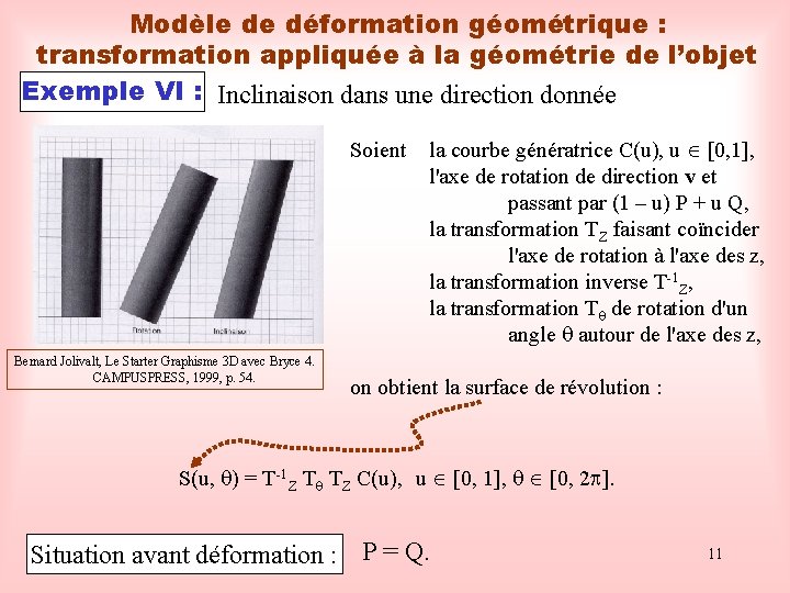 Modèle de déformation géométrique : transformation appliquée à la géométrie de l’objet Exemple VI