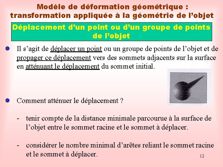 Modèle de déformation géométrique : transformation appliquée à la géométrie de l’objet Déplacement d’un