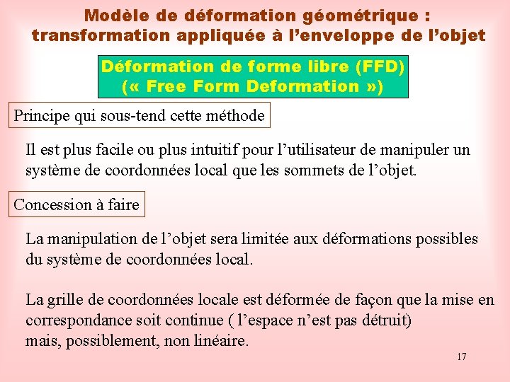 Modèle de déformation géométrique : transformation appliquée à l’enveloppe de l’objet Déformation de forme