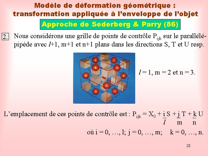 Modèle de déformation géométrique : transformation appliquée à l’enveloppe de l’objet Approche de Sederberg