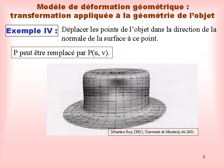 Modèle de déformation géométrique : transformation appliquée à la géométrie de l’objet Exemple IV