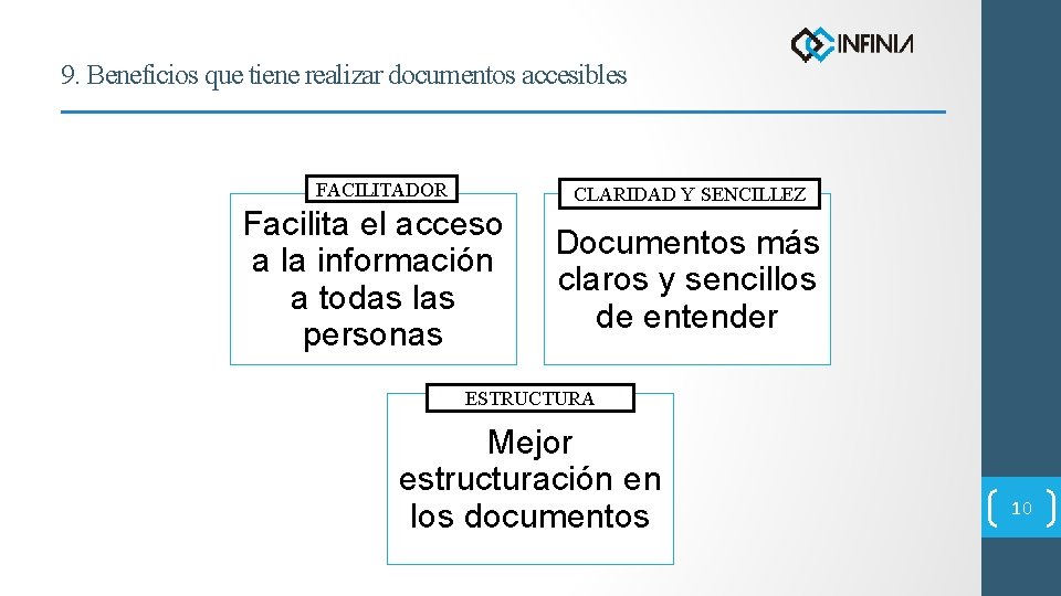 9. Beneficios que tiene realizar documentos accesibles FACILITADOR Facilita el acceso a la información