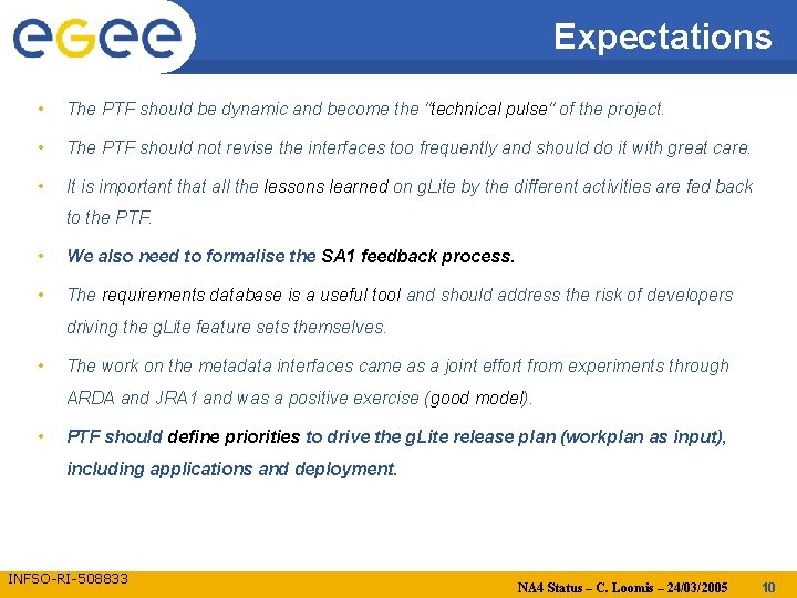 Expectations • The PTF should be dynamic and become the "technical pulse" of the