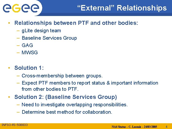 “External” Relationships • Relationships between PTF and other bodies: – – g. Lite design