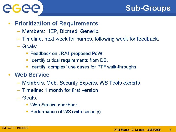 Sub-Groups • Prioritization of Requirements – Members: HEP, Biomed, Generic. – Timeline: next week