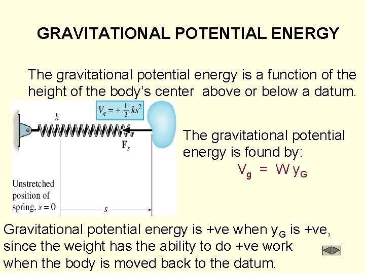 GRAVITATIONAL POTENTIAL ENERGY The gravitational potential energy is a function of the height of