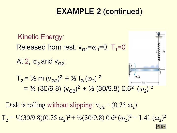 EXAMPLE 2 (continued) Kinetic Energy: Released from rest: v. G 1= 1=0, T 1=0
