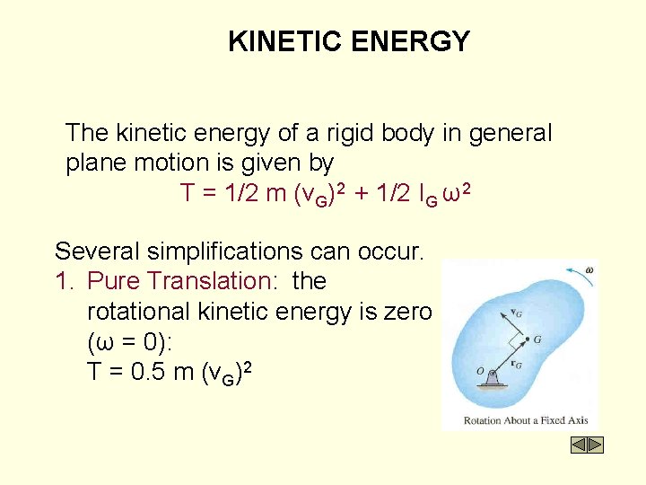 KINETIC ENERGY The kinetic energy of a rigid body in general plane motion is