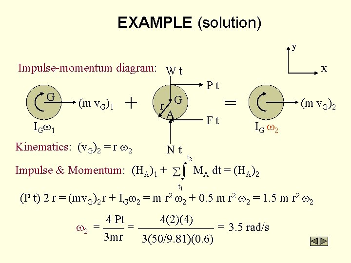 EXAMPLE (solution) y Impulse-momentum diagram: W t G (m v. G)1 + IG 1