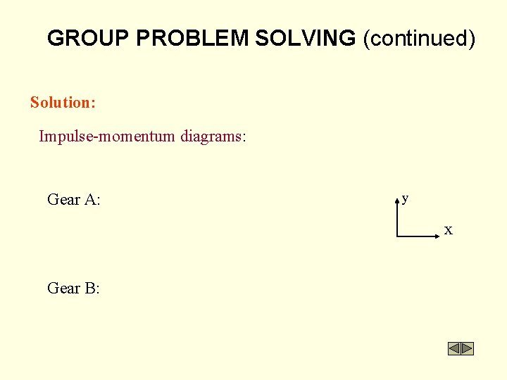 GROUP PROBLEM SOLVING (continued) Solution: Impulse-momentum diagrams: Gear A: y x Gear B: 