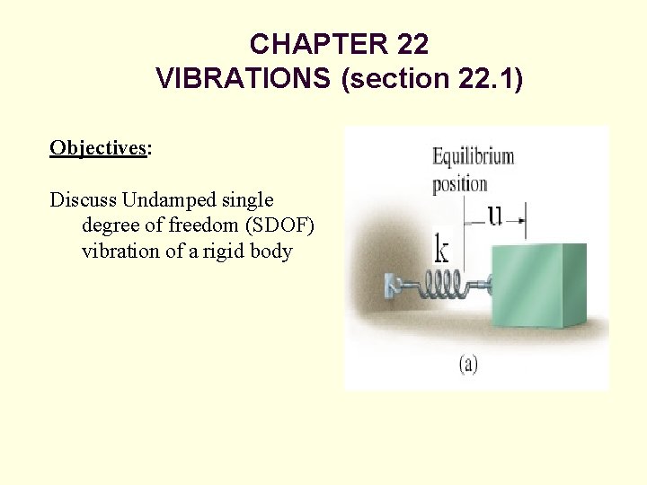 CHAPTER 22 VIBRATIONS (section 22. 1) Objectives: Discuss Undamped single degree of freedom (SDOF)