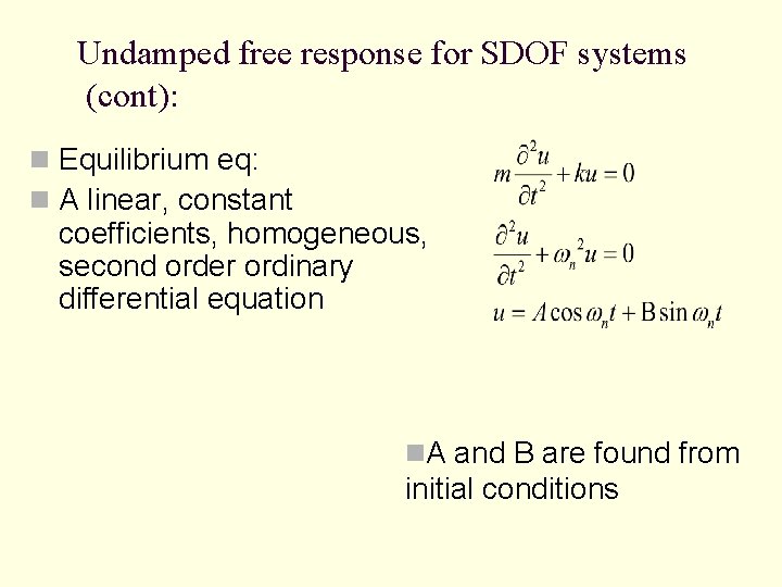 Undamped free response for SDOF systems (cont): n Equilibrium eq: n A linear, constant