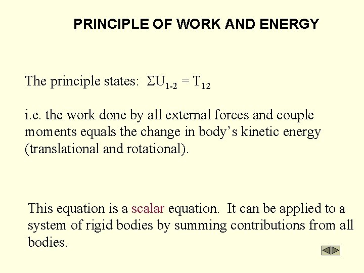 PRINCIPLE OF WORK AND ENERGY The principle states: SU 1 -2 = T 12