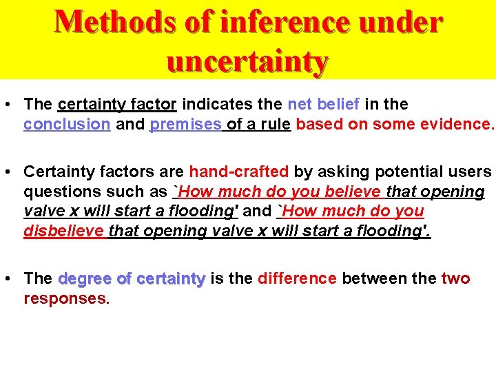 Methods of inference under uncertainty • The certainty factor indicates the net belief in