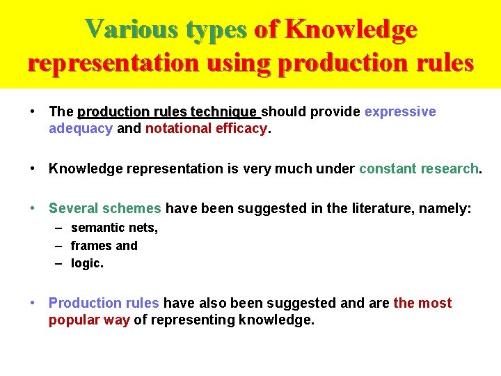 Various types of Knowledge representation using production rules • The production rules technique should