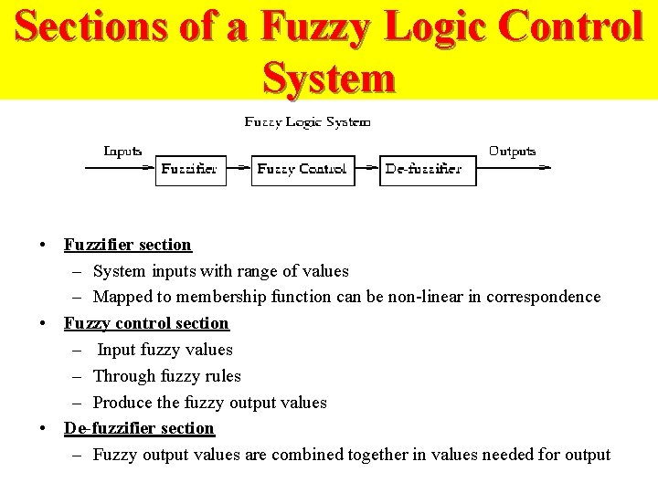 Sections of a Fuzzy Logic Control System • Fuzzifier section – System inputs with