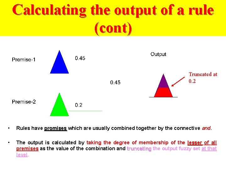 Calculating the output of a rule (cont) Truncated at 0. 2 • Rules have