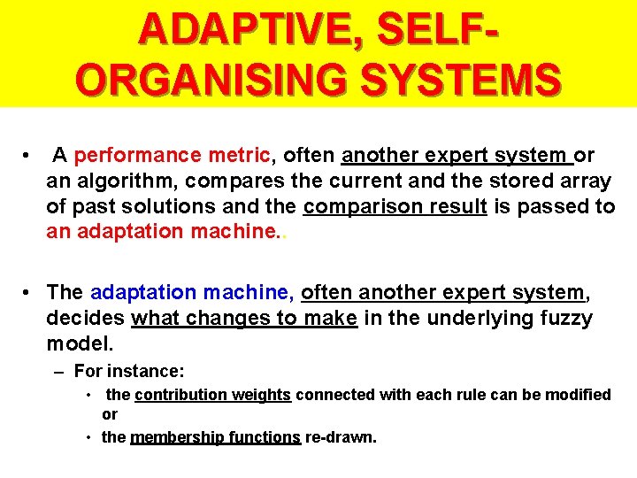 ADAPTIVE, SELFORGANISING SYSTEMS • A performance metric, often another expert system or an algorithm,